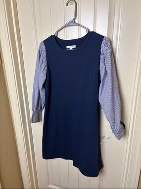 Free Assembly Crewneck Navy Shift Dress with Striped Puff Sleeves